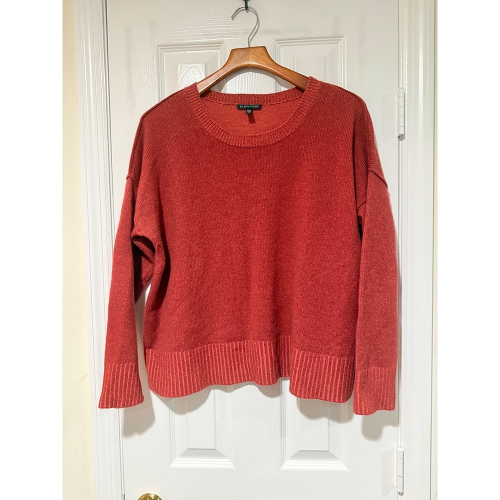 Eileen Fisher Recycled‎ Cashmere Blend Boxy Sweater Large Red Rust Crewneck
